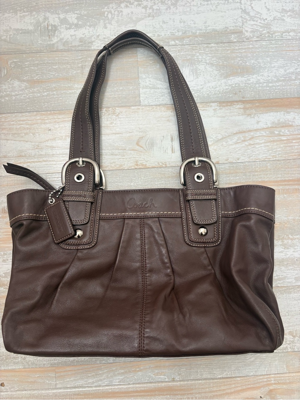 Coach Chocolate Brown Leather Shoulder Tote with Silver Hardware